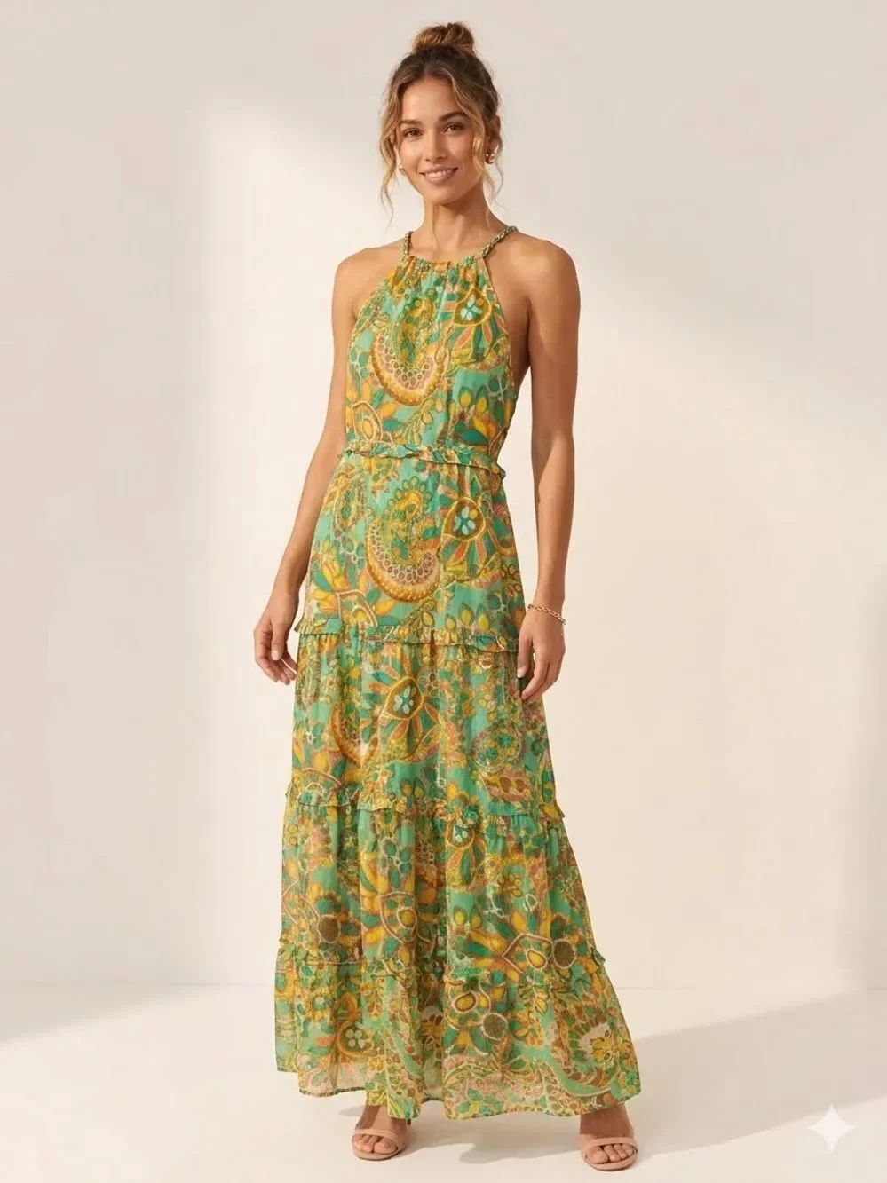 HOUSE OF HARLOW 1960 Cotton Gauze Tiered Sleeveless Maxi Dress in Green medium